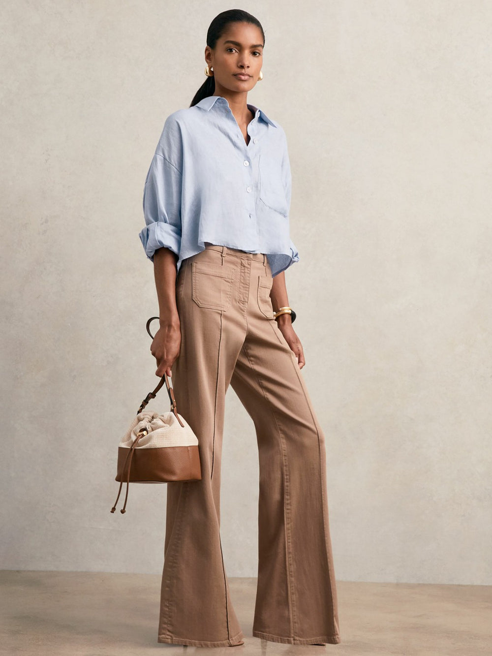 Oversize Linen Cropped Shirt Blue | Womens
