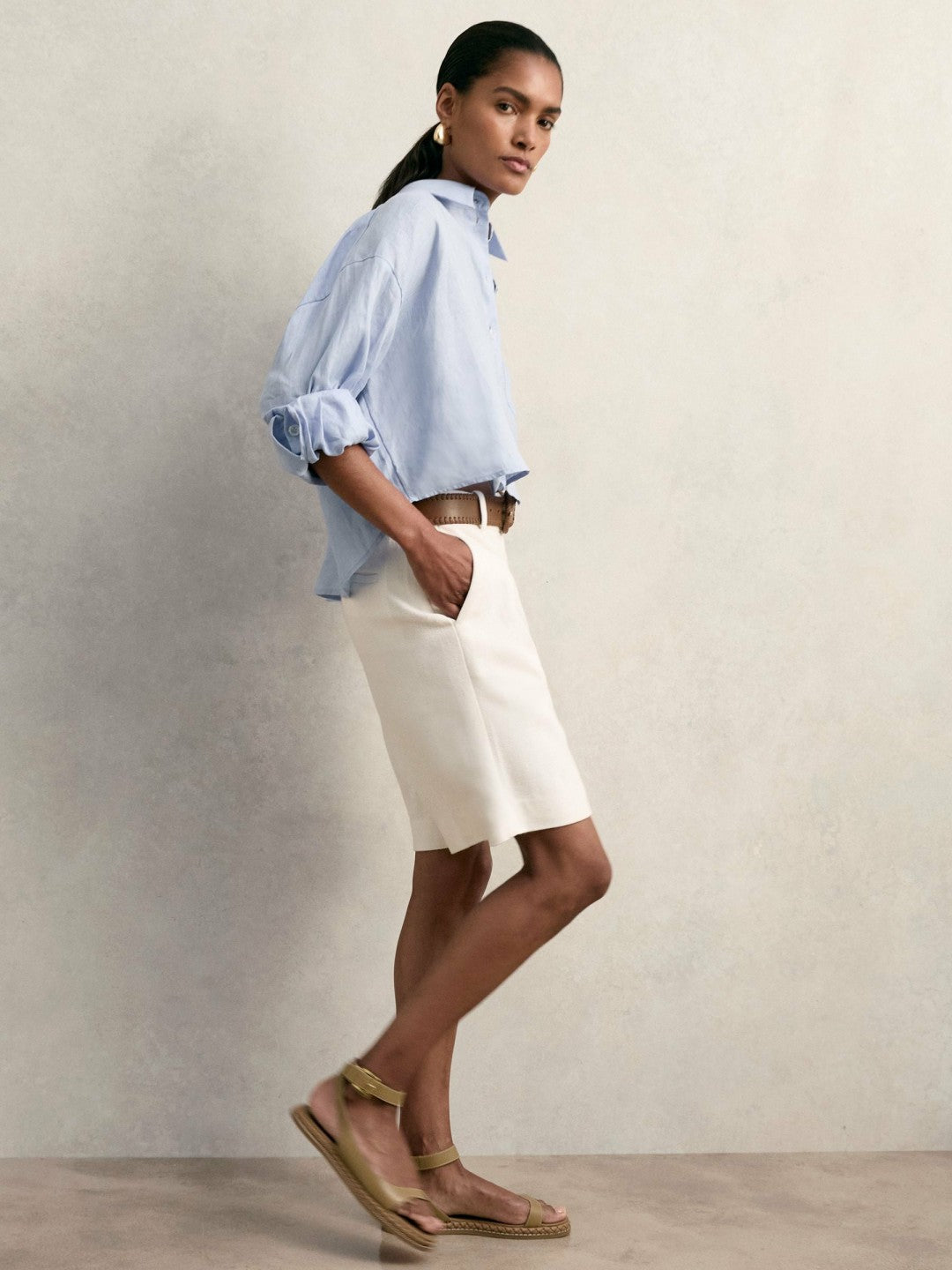 Oversize Linen Cropped Shirt Blue | Womens