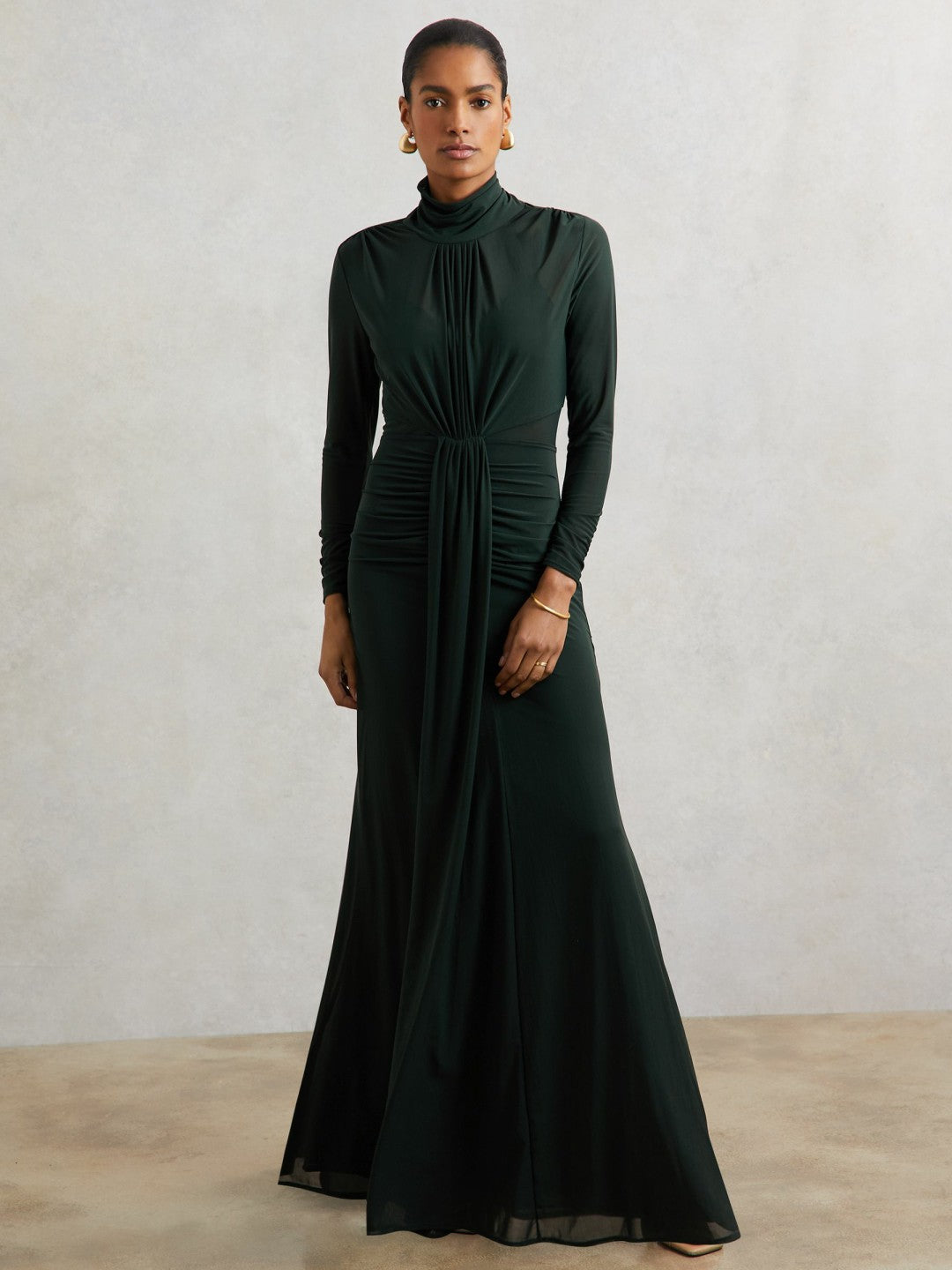 Ruched Long-Sleeve Maxi Dress Dark Green | Womens