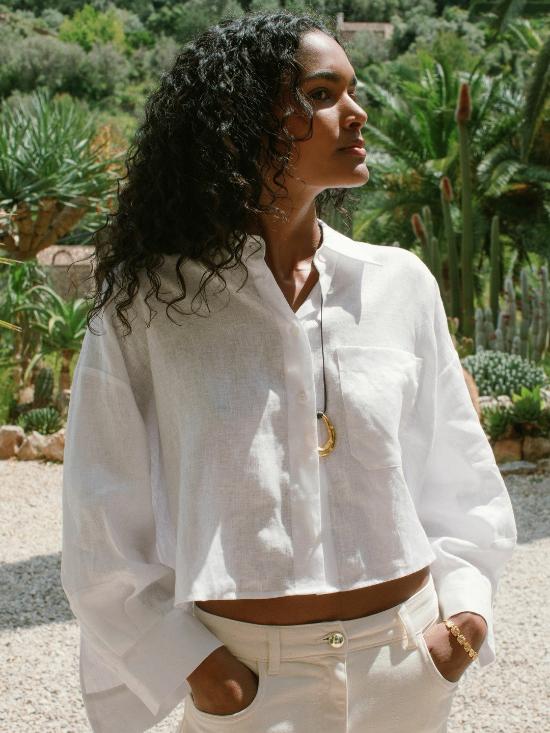 Oversize Linen Cropped Shirt White | Womens