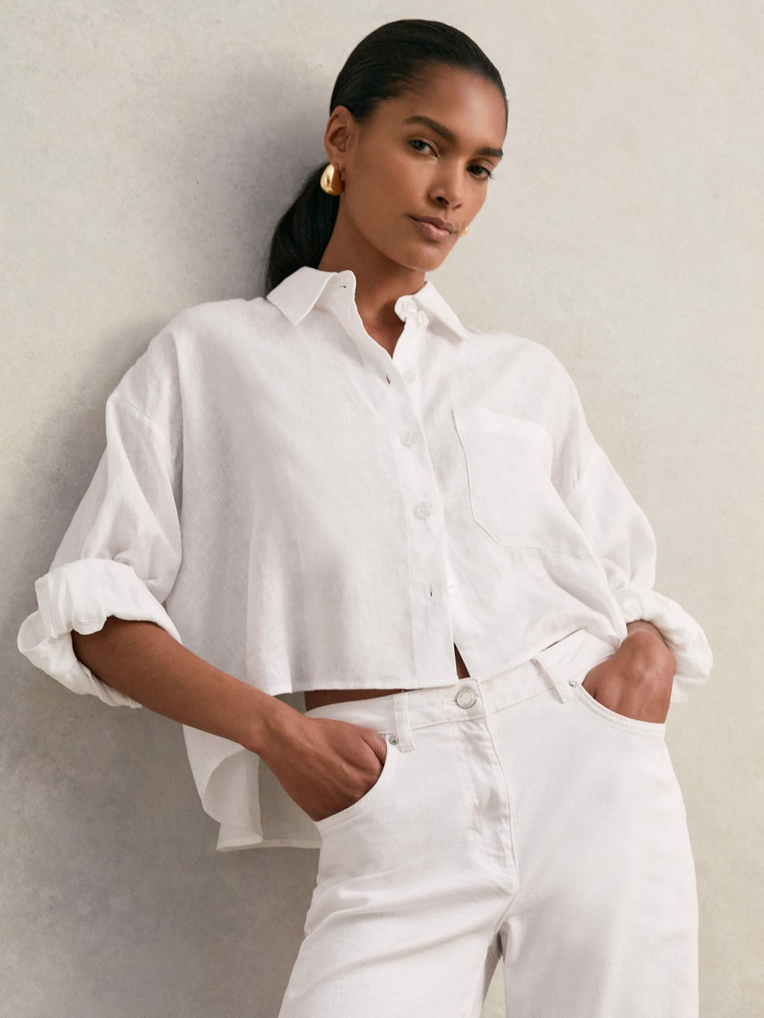 Oversize Linen Cropped Shirt White | Womens
