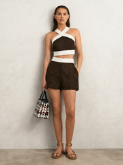Linen Colourblock Shorts Chocolate/Cream | Womens