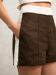 Linen Colourblock Shorts Chocolate/Cream | Womens