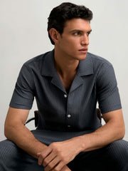Textured-Stripe Cuban-Collar Shirt Petrol Blue | Mens