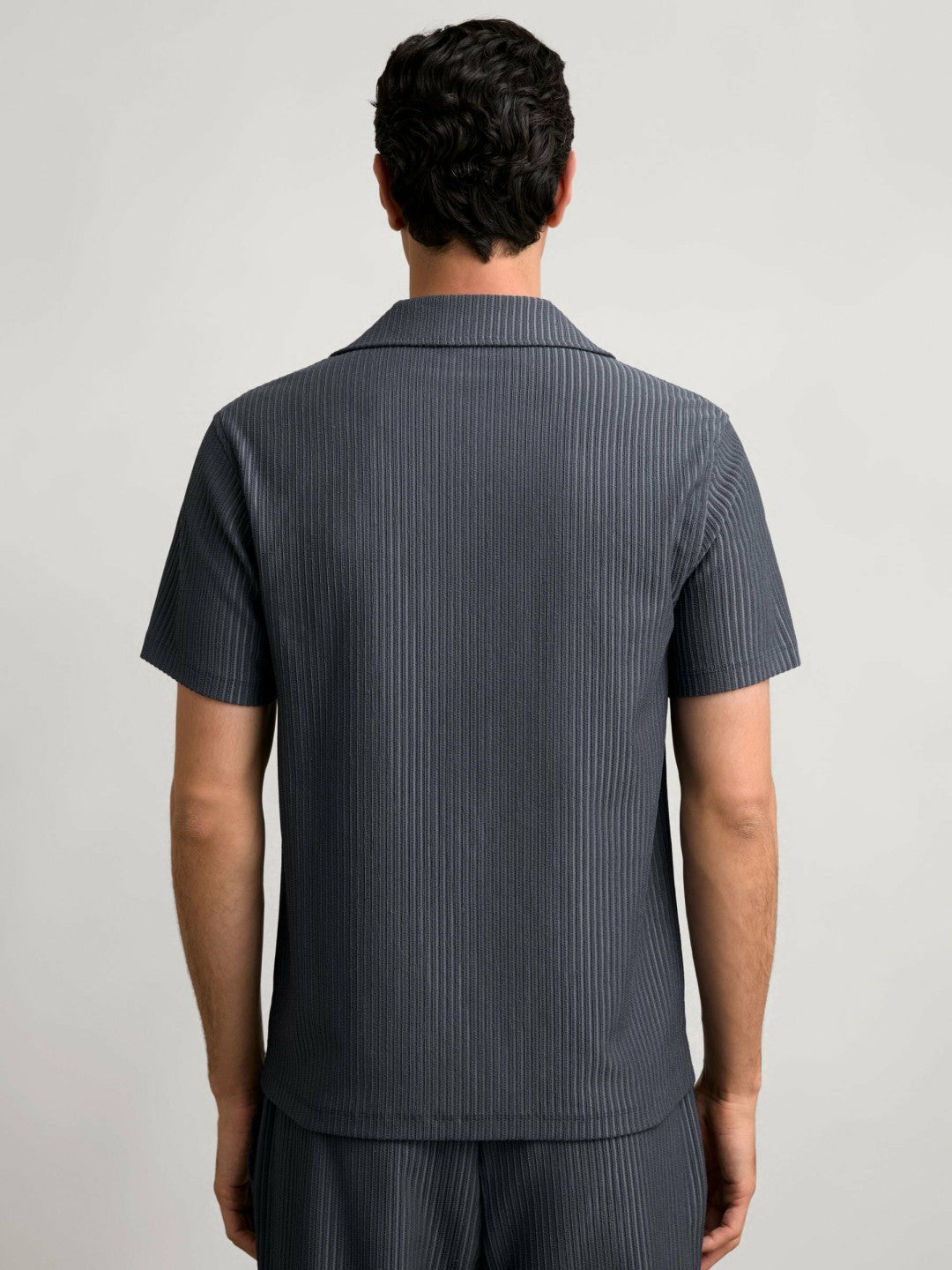 Textured-Stripe Cuban-Collar Shirt Petrol Blue | Mens