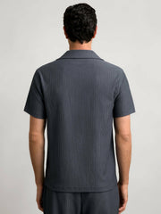Textured-Stripe Cuban-Collar Shirt Petrol Blue | Mens