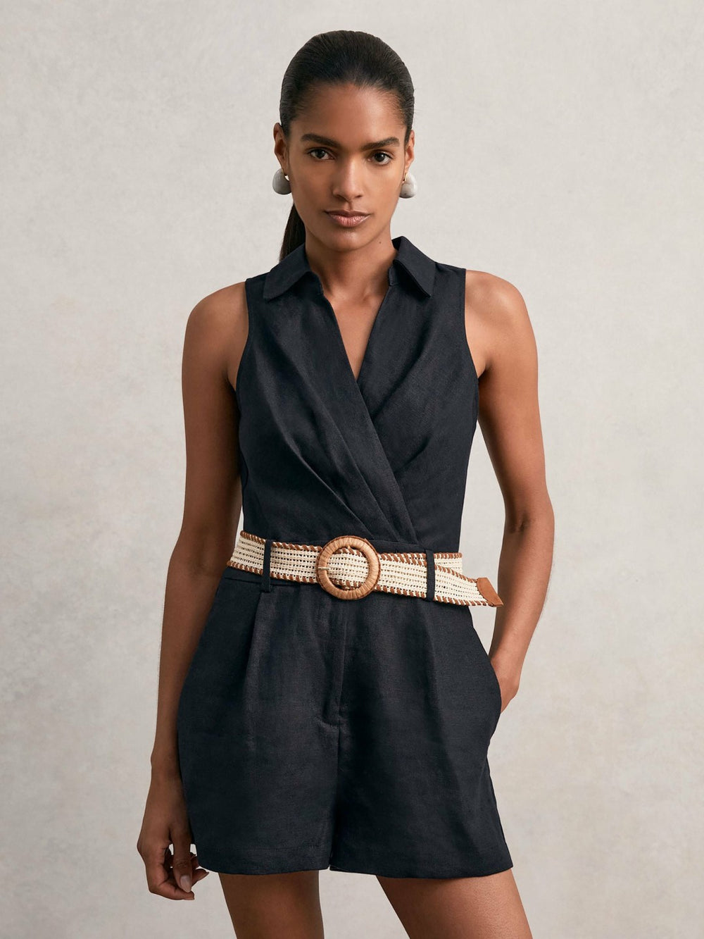 Linen Belted Sleeveless Wrap Playsuit Navy | Womens