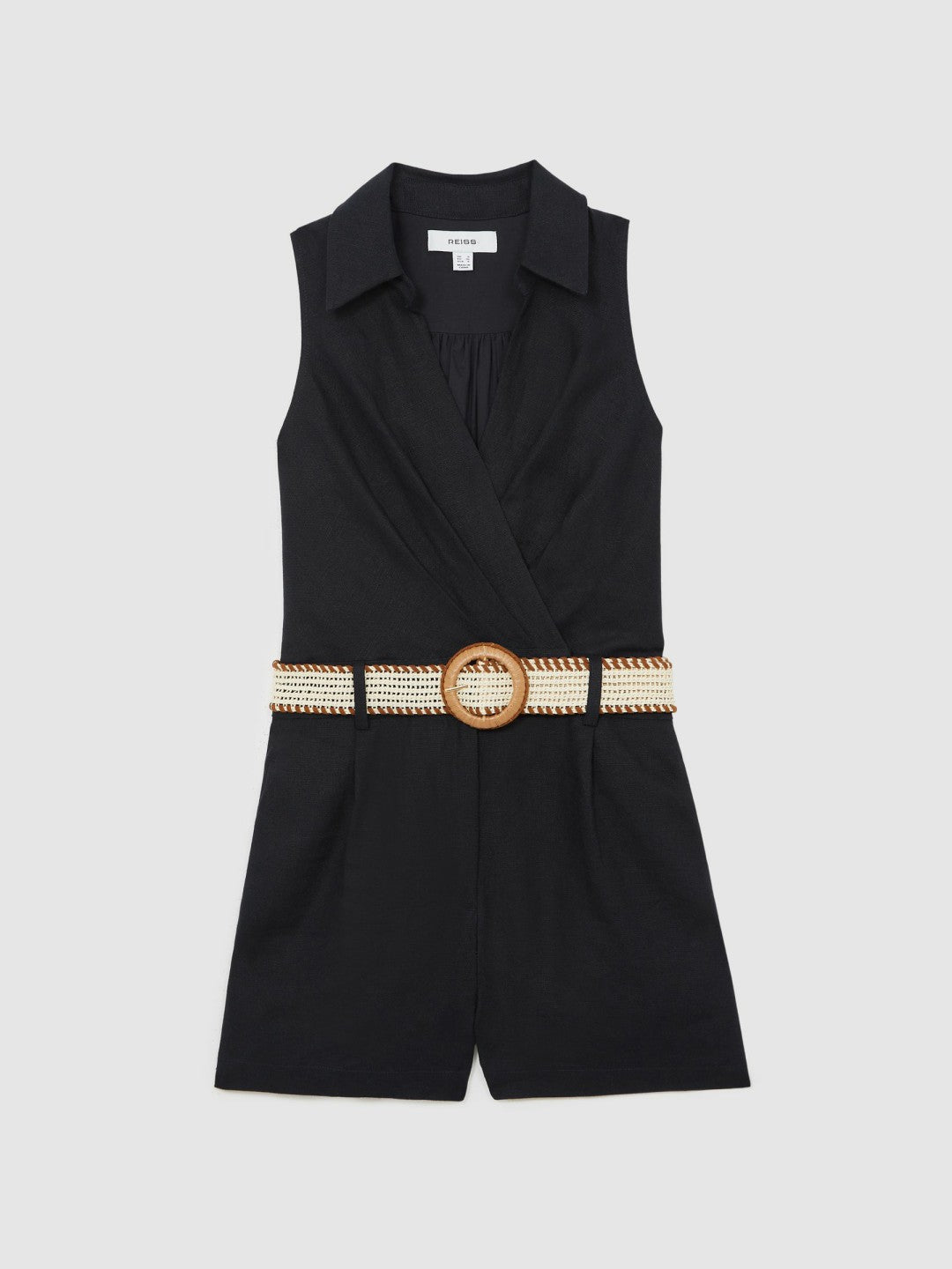 Linen Belted Sleeveless Wrap Playsuit Navy | Womens