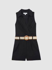 Linen Belted Sleeveless Wrap Playsuit Navy | Womens