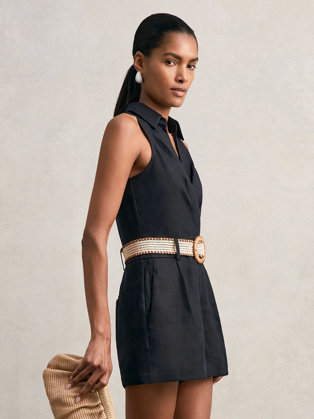 Linen Belted Sleeveless Wrap Playsuit Navy | Womens
