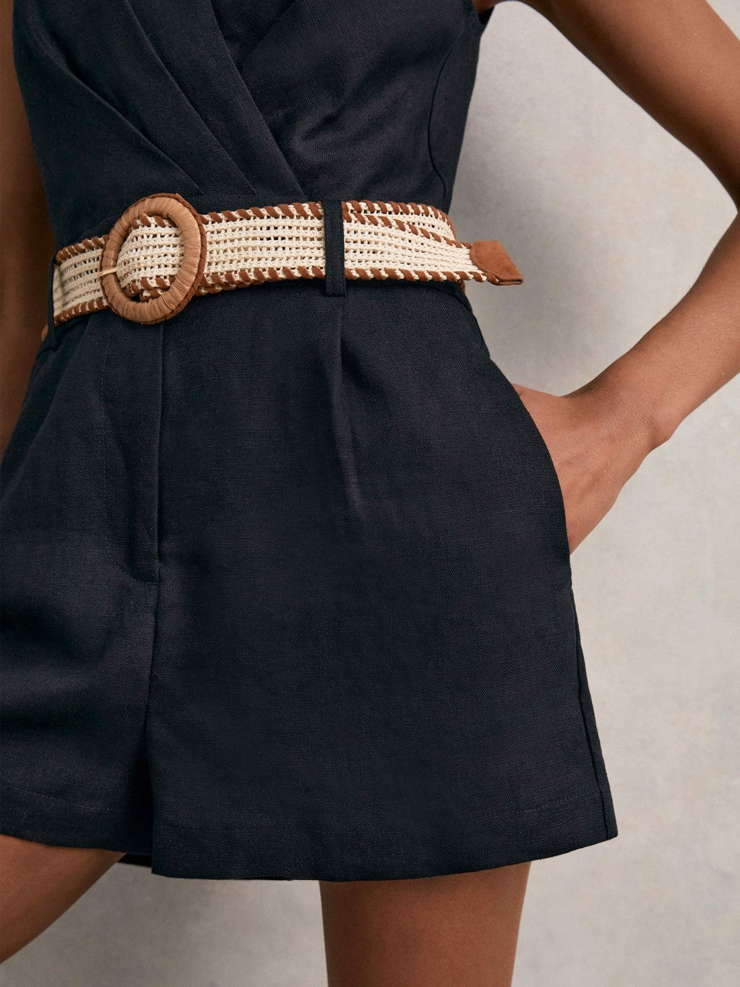 Linen Belted Sleeveless Wrap Playsuit Navy | Womens
