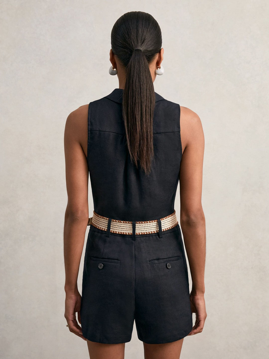 Linen Belted Sleeveless Wrap Playsuit Navy | Womens