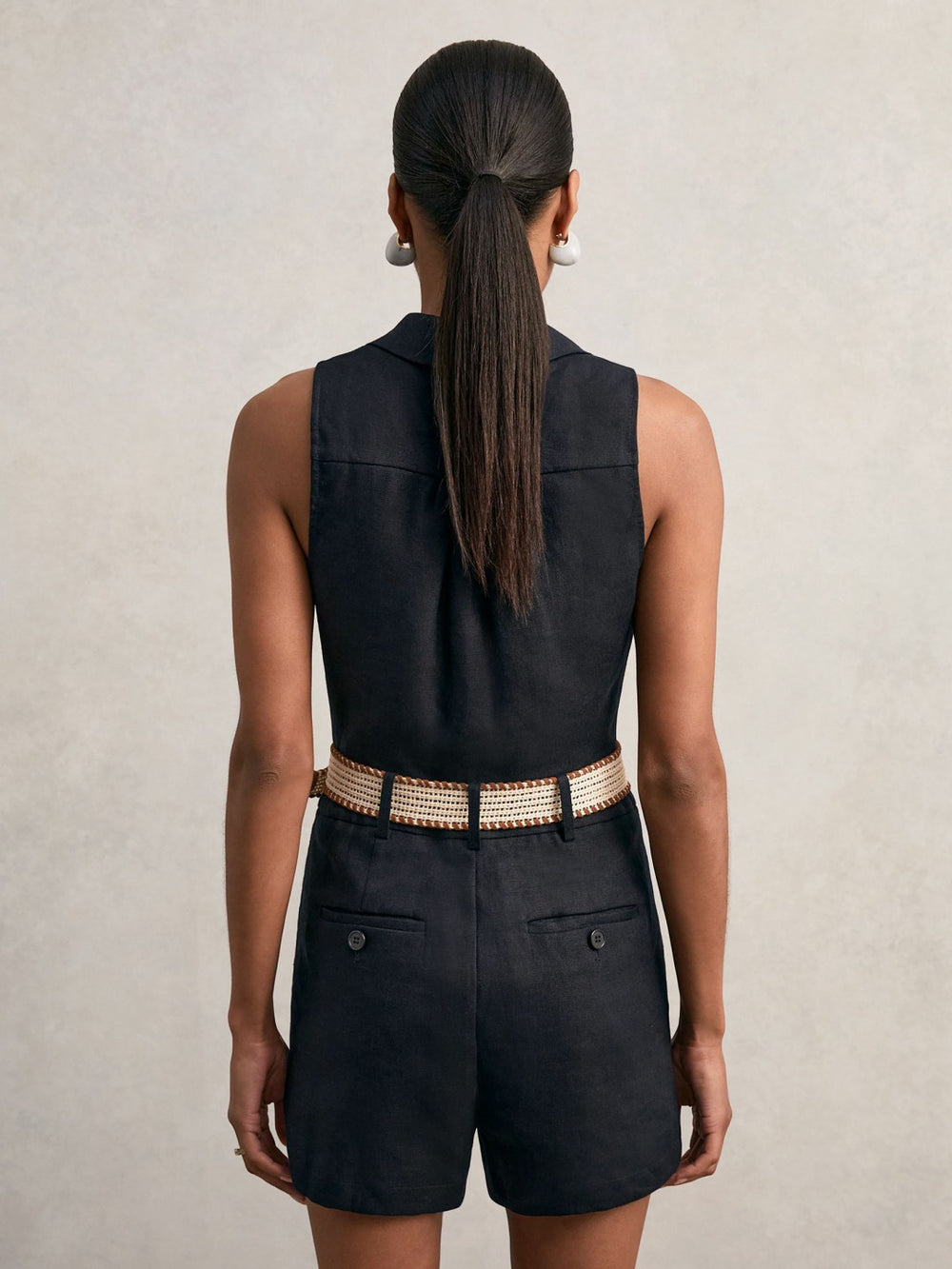 Linen Belted Sleeveless Wrap Playsuit Navy | Womens