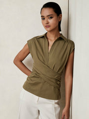 Stretch-Cotton Wrap-Front Collar Top Khaki Green | Womens