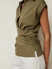 Stretch-Cotton Wrap-Front Collar Top Khaki Green | Womens