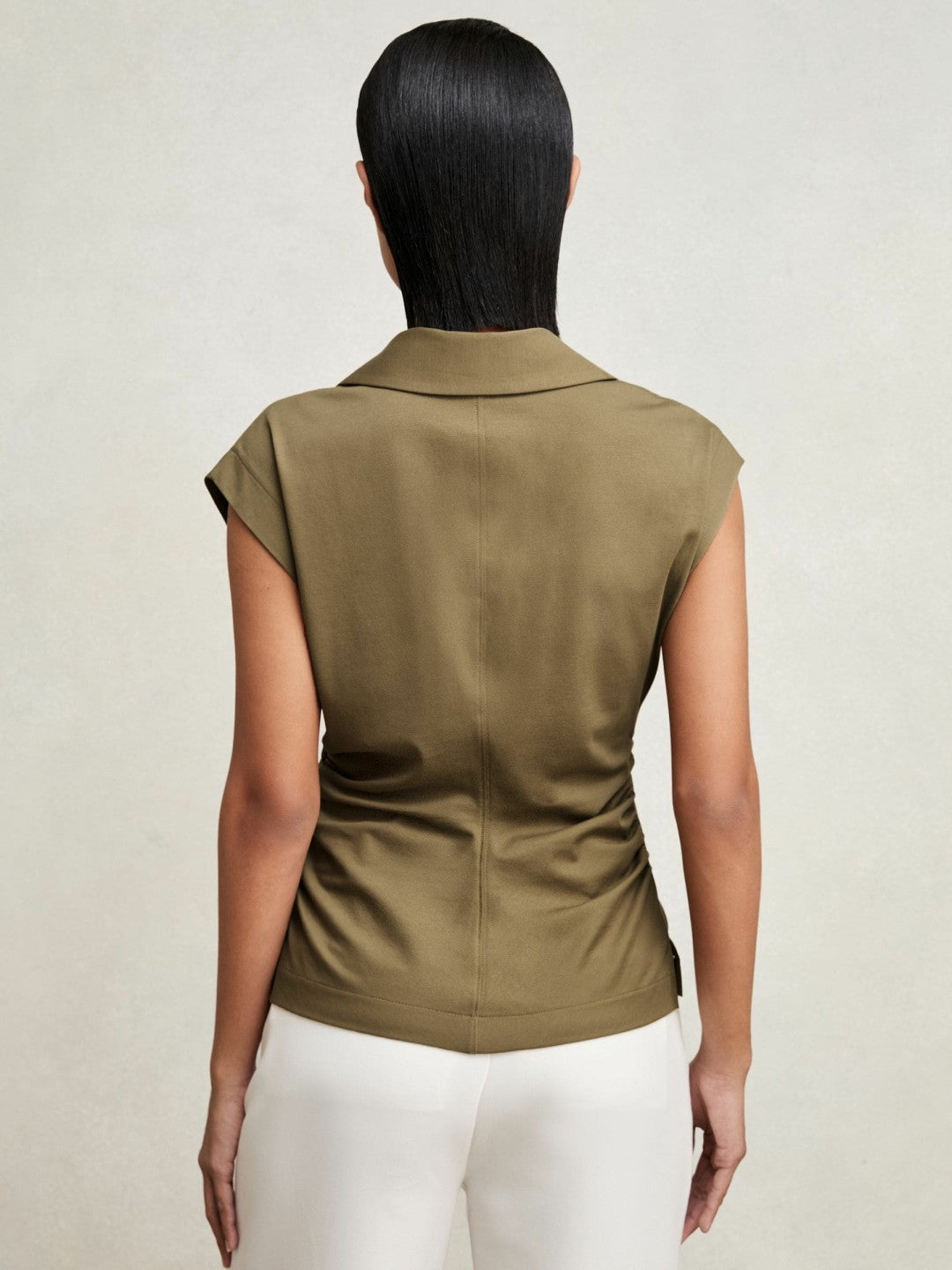 Stretch-Cotton Wrap-Front Collar Top Khaki Green | Womens
