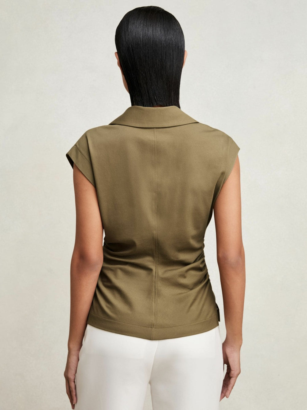 Stretch-Cotton Wrap-Front Collar Top Khaki Green | Womens
