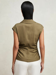 Stretch-Cotton Wrap-Front Collar Top Khaki Green | Womens