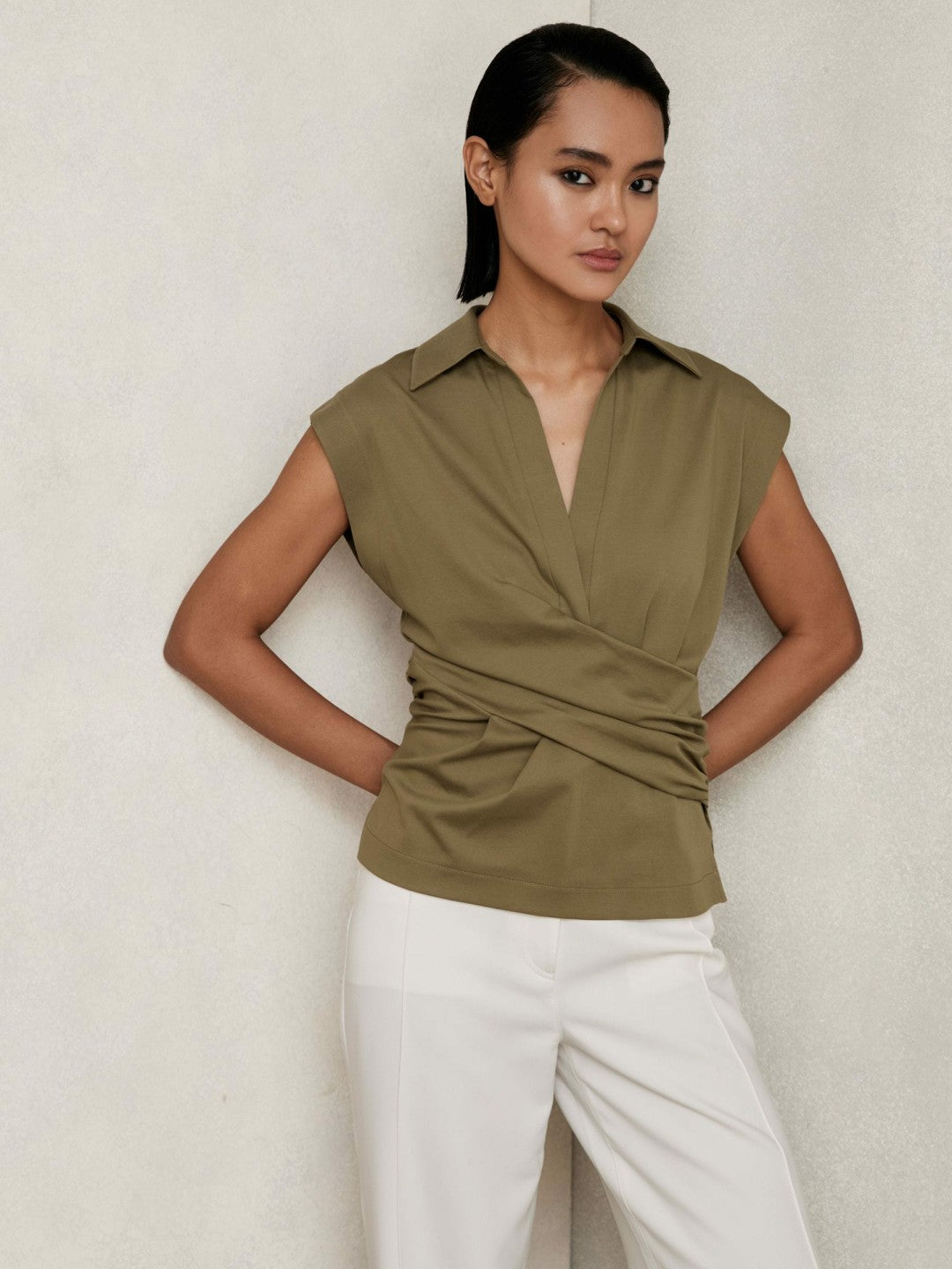 Stretch-Cotton Wrap-Front Collar Top Khaki Green | Womens