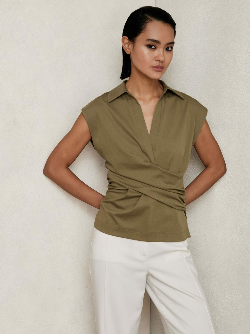 Stretch-Cotton Wrap-Front Collar Top Khaki Green | Womens