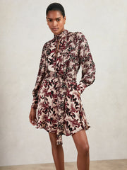 Printed Tie-Waist Flippy Mini Dress Burgundy/Cream | Womens