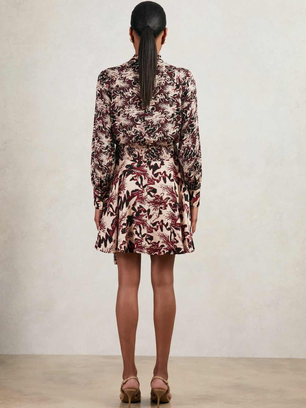 Printed Tie-Waist Flippy Mini Dress Burgundy/Cream | Womens