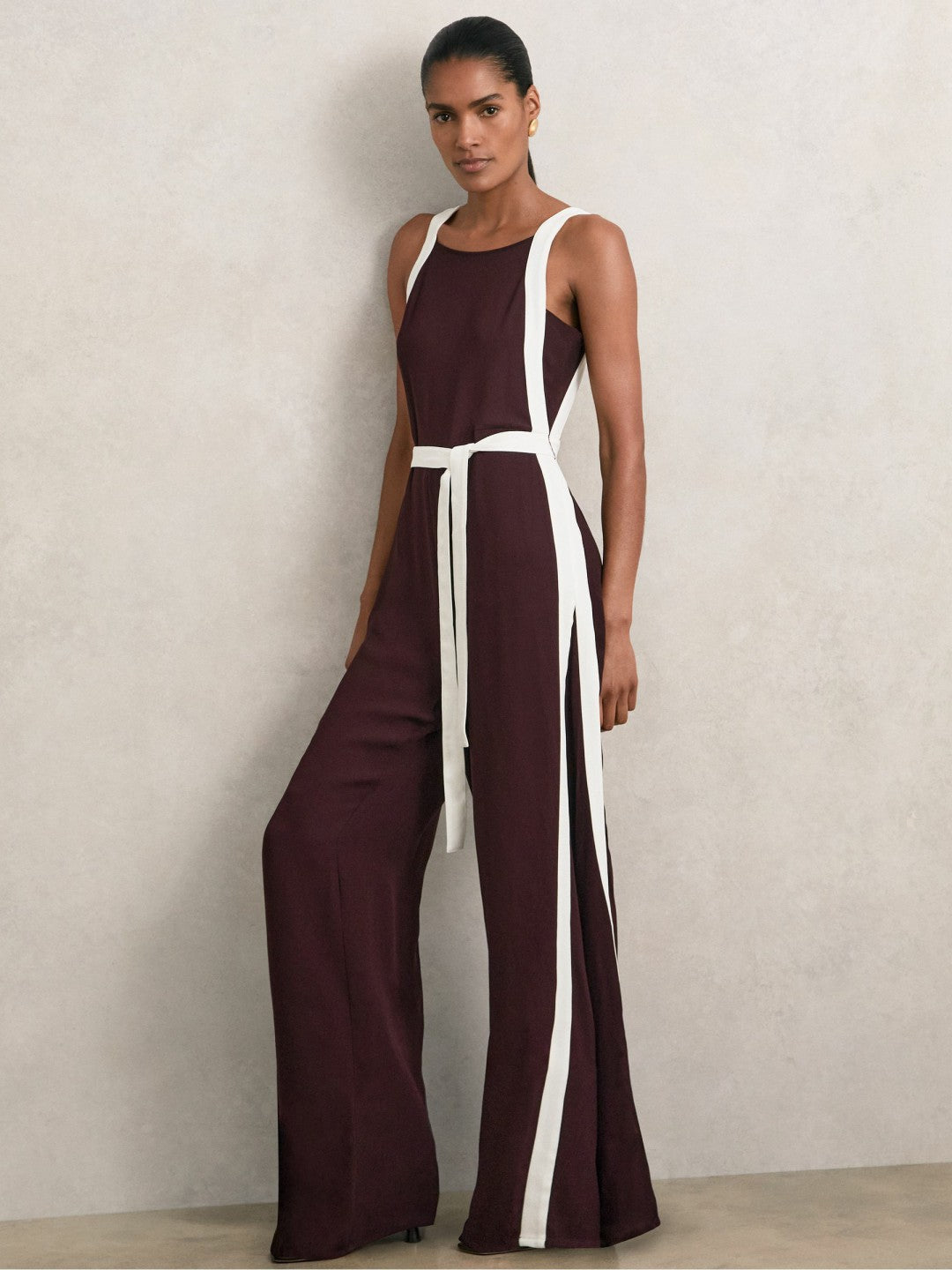Colourblock Wide Leg Belted Jumpsuit Burgundy/Cream | Womens