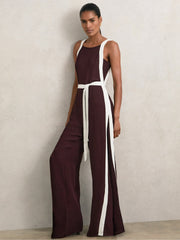 Colourblock Wide Leg Belted Jumpsuit Burgundy/Cream | Womens
