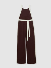 Colourblock Wide Leg Belted Jumpsuit Burgundy/Cream | Womens