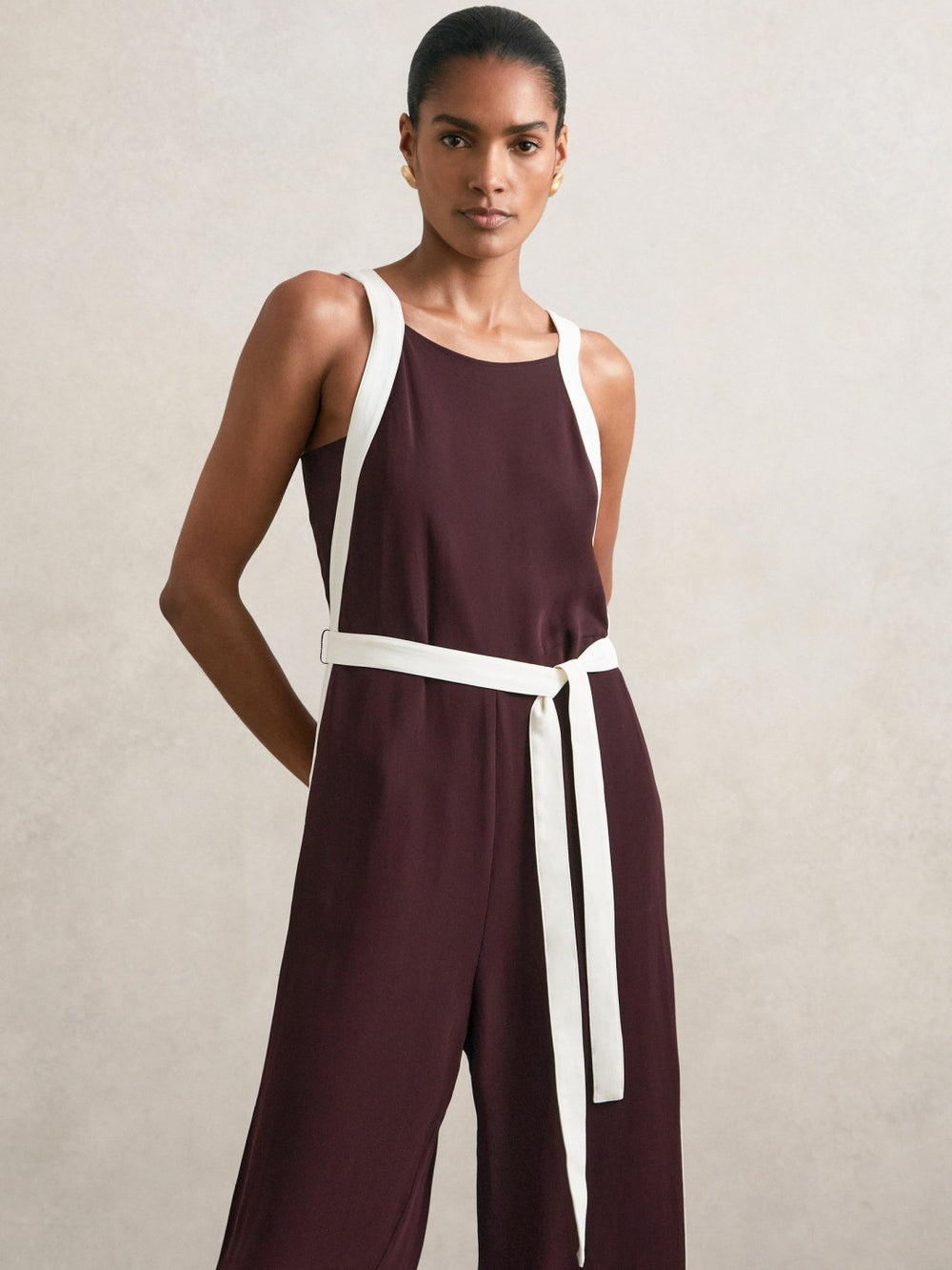 Colourblock Wide Leg Belted Jumpsuit Burgundy/Cream | Womens