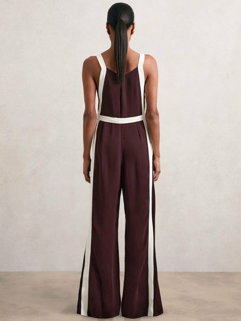 Colourblock Wide Leg Belted Jumpsuit Burgundy/Cream | Womens