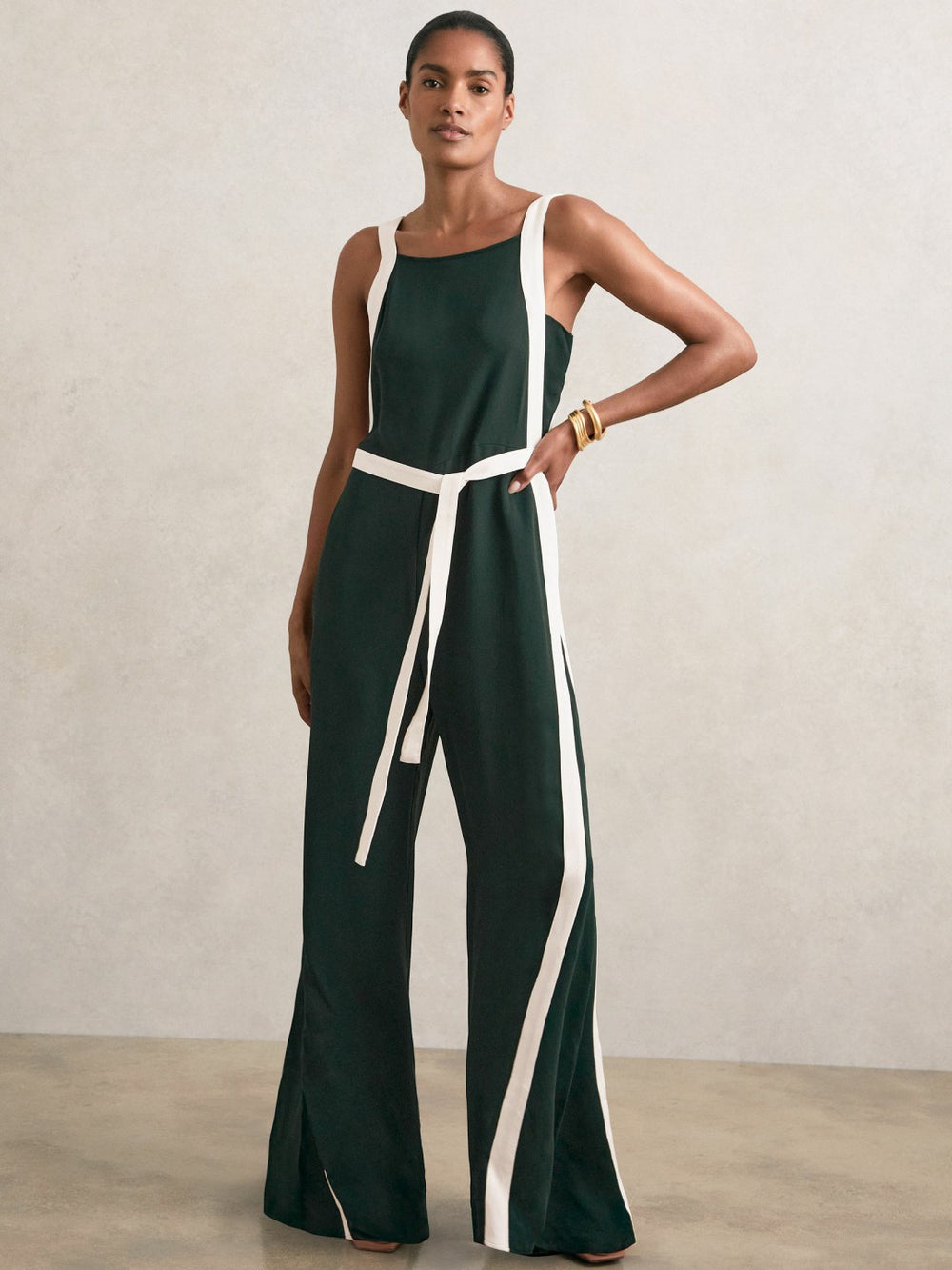 Colourblock Wide Leg Belted Jumpsuit Dark Green/Cream | Womens