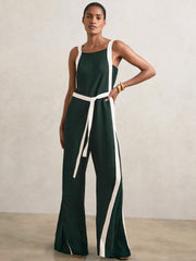 Colourblock Wide Leg Belted Jumpsuit Dark Green/Cream | Womens