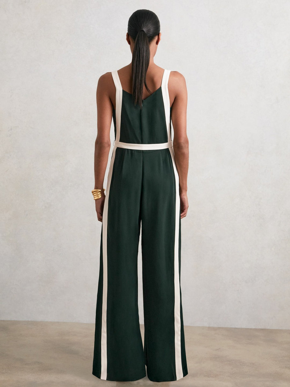 Colourblock Wide Leg Belted Jumpsuit Dark Green/Cream | Womens