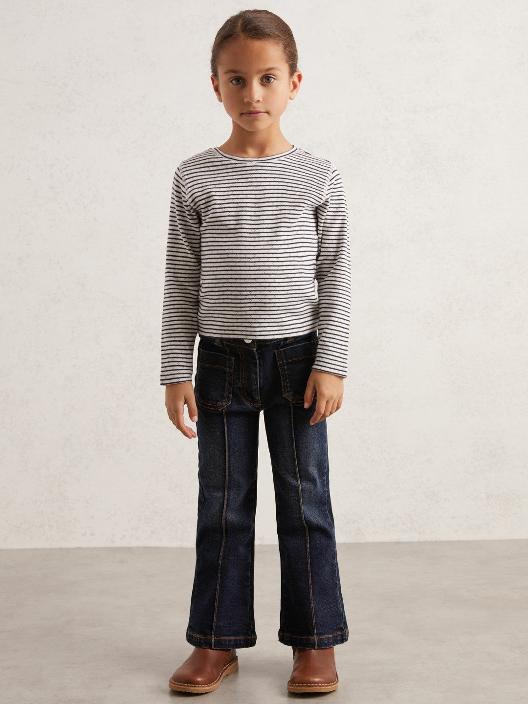 3-9 yrs Cotton Pointelle Long Sleeve Top Navy/White | Children