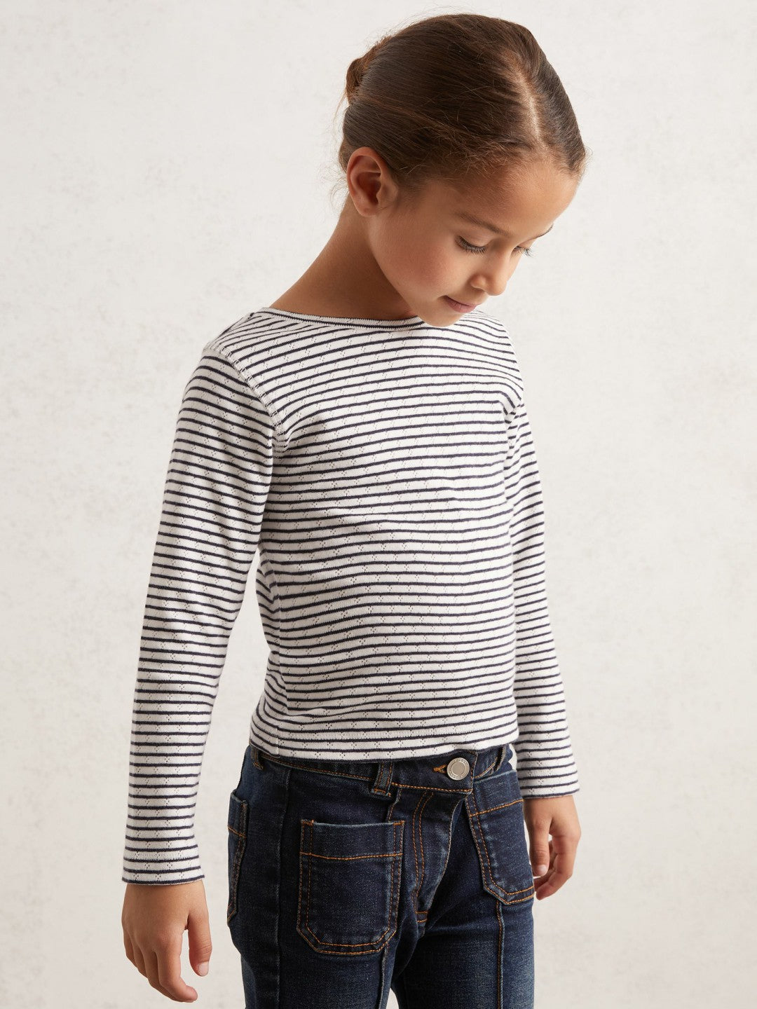 9-13 yrs Cotton Pointelle Long Sleeve Top Navy/White | Children