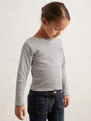 9-13 yrs Cotton Pointelle Long Sleeve Top Navy/White | Children