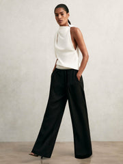 Petite Wide-Leg Contrast-Waistband Trousers Black | Womens