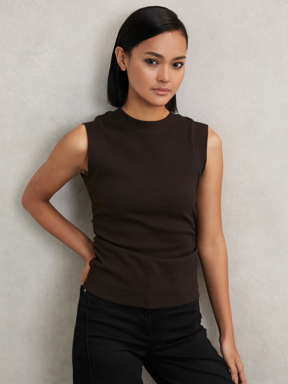 Ribbed Ruched Waist Vest Chocolate | Womens