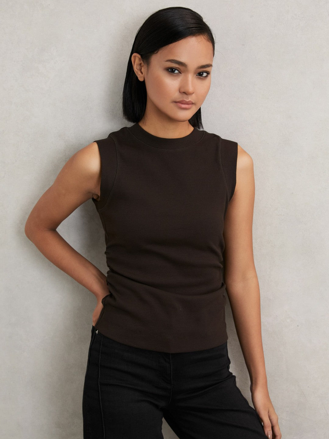 Ribbed Ruched Waist Vest Chocolate | Womens