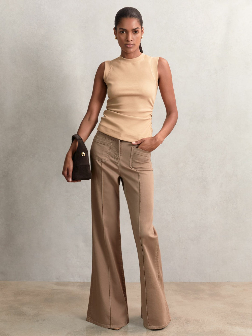 Fine-Rib Ruched Vest Top Camel | Womens