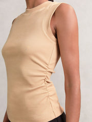 Fine-Rib Ruched Vest Top Camel | Womens