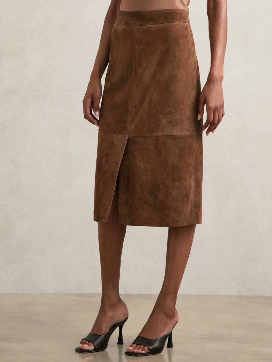 Suede Straight-Fit Midi Skirt Tan Brown | Womens