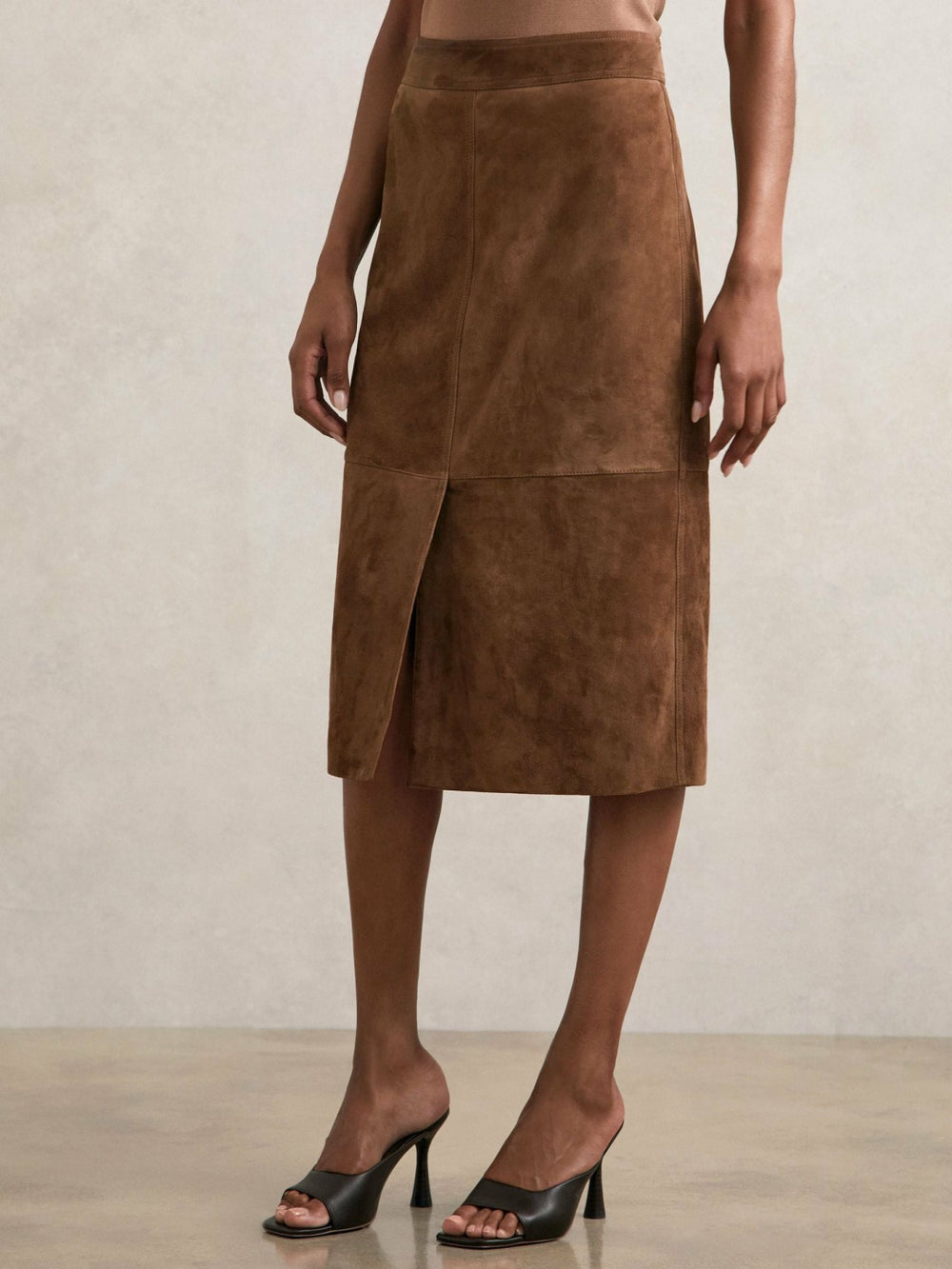 Suede Straight-Fit Midi Skirt Tan Brown | Womens