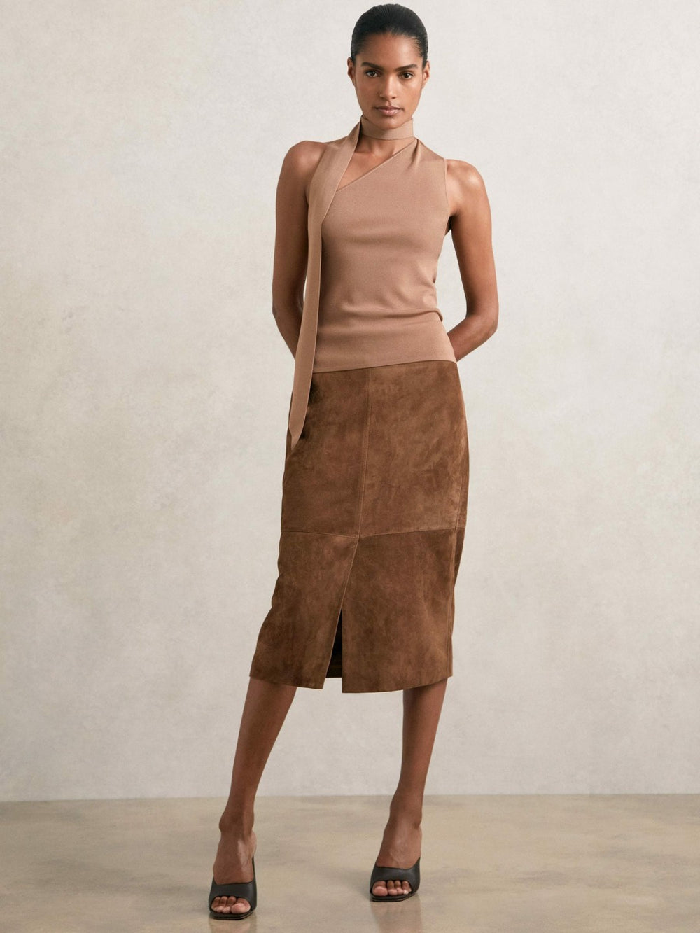 Suede Straight-Fit Midi Skirt Tan Brown | Womens