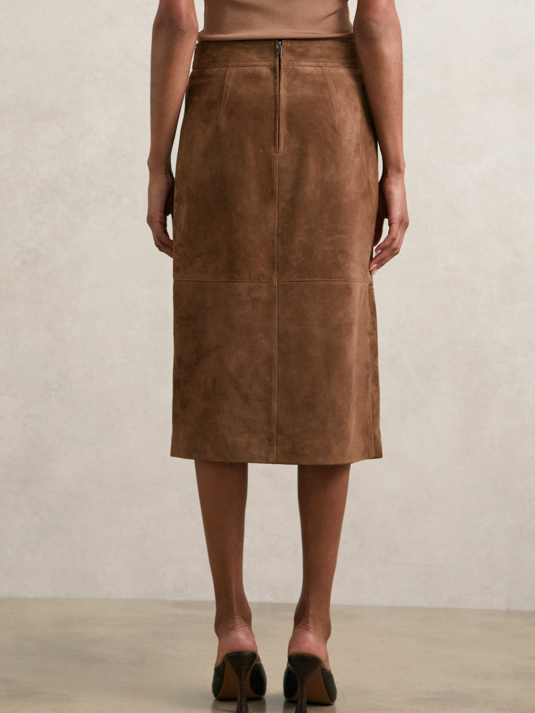 Suede Straight-Fit Midi Skirt Tan Brown | Womens