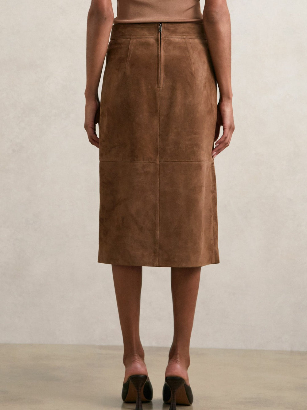 Suede Straight-Fit Midi Skirt Tan Brown | Womens