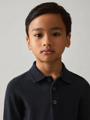 9-13 yrs Merino Wool Long-Sleeve Polo Shirt Navy | Children