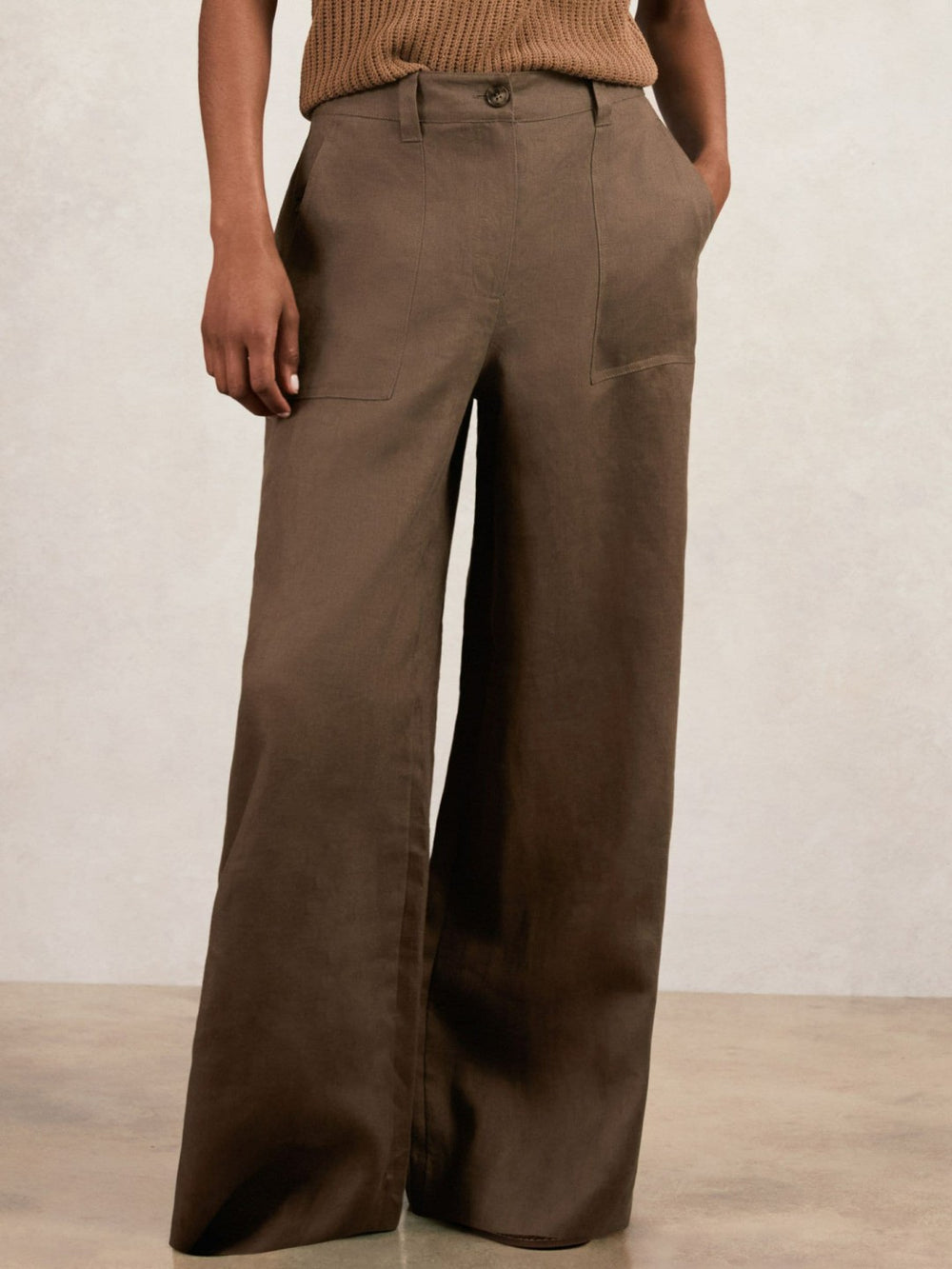 Petite Linen Wide Leg Trousers Chocolate Brown | Womens