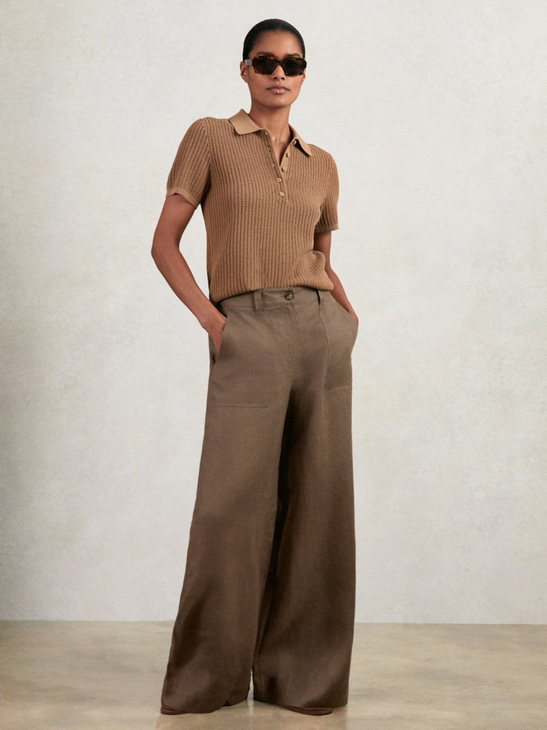 Petite Linen Wide Leg Trousers Chocolate Brown | Womens